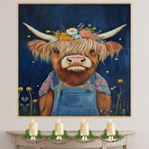 Highland Cow Wall Art Adorable Cow in Overalls and Flower Crown Rustic Farmhouse Decor for Kids Room Bedroom or Gift for Cow Lovers and Animal Art Fans on Ready to Hang 1.5" Thick Canvas Wrap, Floating Framed Canvas, Flat Rolled Canvas